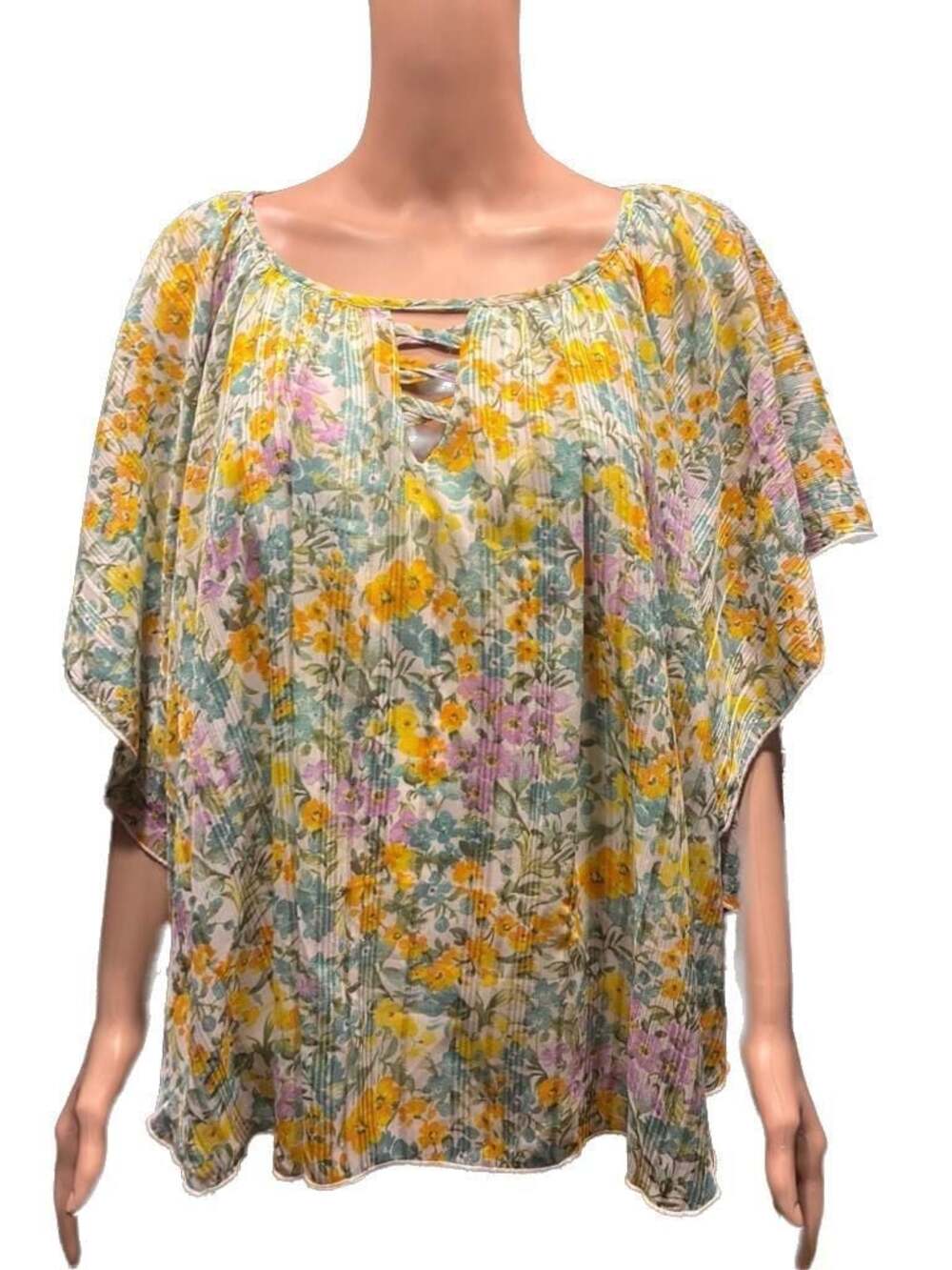 Cato Floral Print Chiffon Poncho Blouse with Lace-Up Neckline